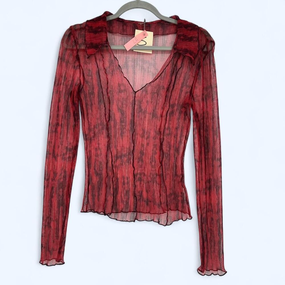 💋Free People Red Mesh Abstract Print Button Up Blouse Size S